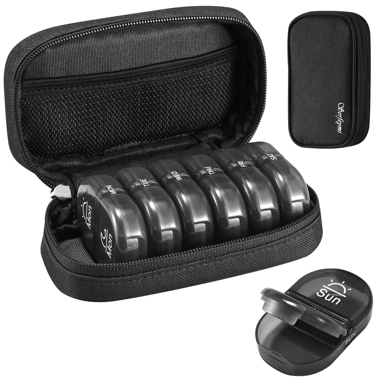 Serfeymi Pill Boxes 7 Day 2 Times a Day AM PM Medicine Organiser Weekly Tablet Organiser Black Pill Box with Portable Zipper Canvas Pill Case for Pills, Supplement, Fish Oils, Vitamin- Black 01