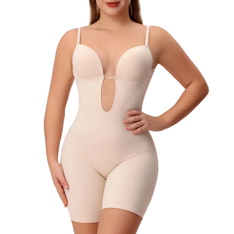 Slimers Backless Shapewear Strapless Bodysuit - Low Back Women Body Shaper : Slimming Built In Bra With Plunge, Beige, XL