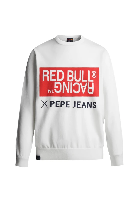 Red Bull Racing X Pepe Jeans Men's RBR Intarsia Logo Knit Crew Neck Knitwear, White (Off White), L