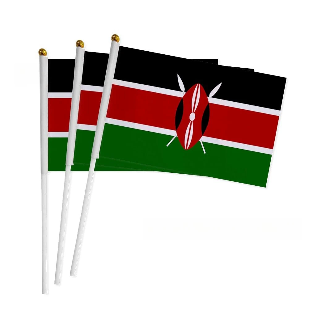 50Pcs Kenya Flag on Stick 14x21cm Mini Kenya Waving Flags Plastic Flagpole Single Side Flag Small Parade Festivals International Festivals Party Decoration Supplies Election Support