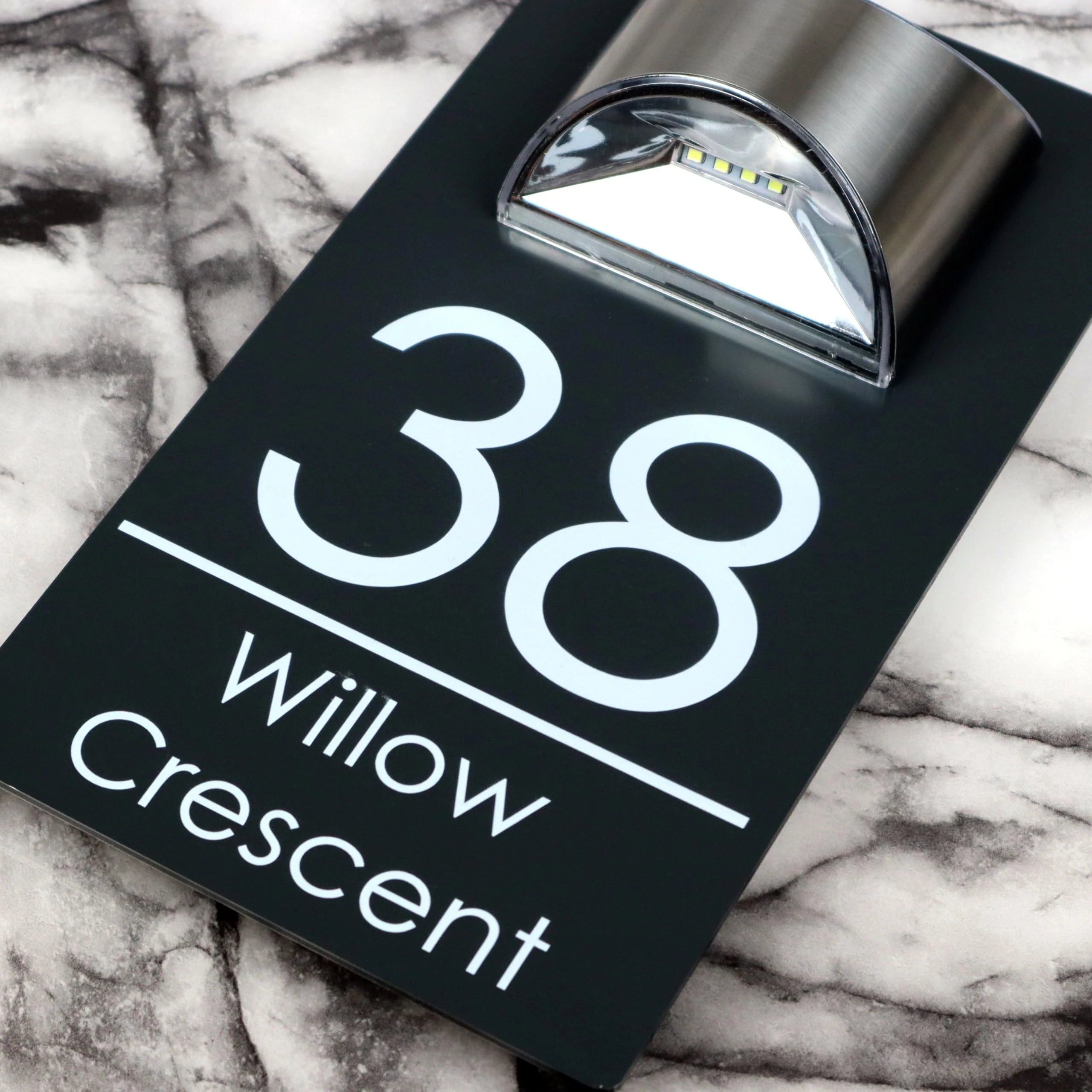 K Smart Sign | Exalted LED F2728 | House Numbers Plaques With Solar Light House Signs Door Number For Wall With Light Name Plaques For Outside (Matt Gray & Modern Font)