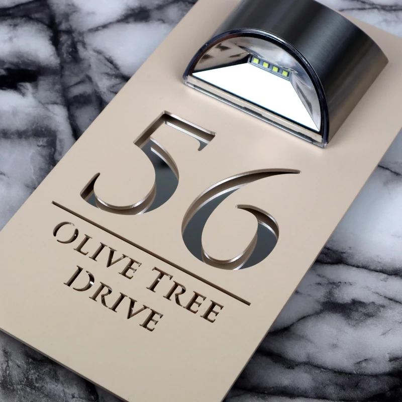 K Smart Sign | Bellissima LED F32 | Contemporary House Signs Plaques Door Numbers 1-9999 Street Name SOLAR LIGHT LED For Wall Personalised Laser Cut Mirror! (Matt Khaki Cream & Silver Mirror)
