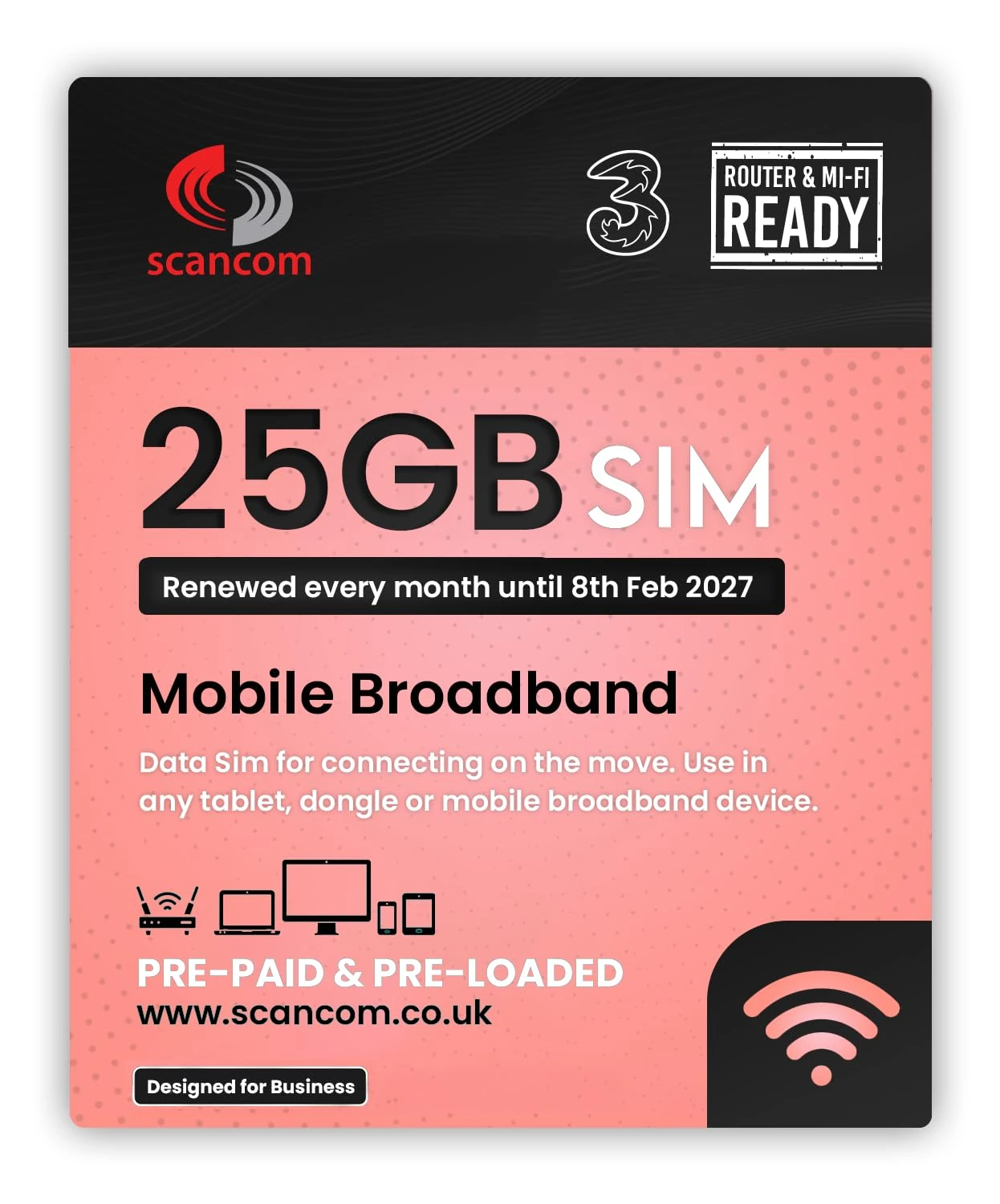 Three 25GB Data SIM - Uncapped 5G - Preloaded MONTHLY Until February 2027 - Plug & Play for Routers & Phones - Access to Three & Vodafone - Connects to the Strongest Signal available