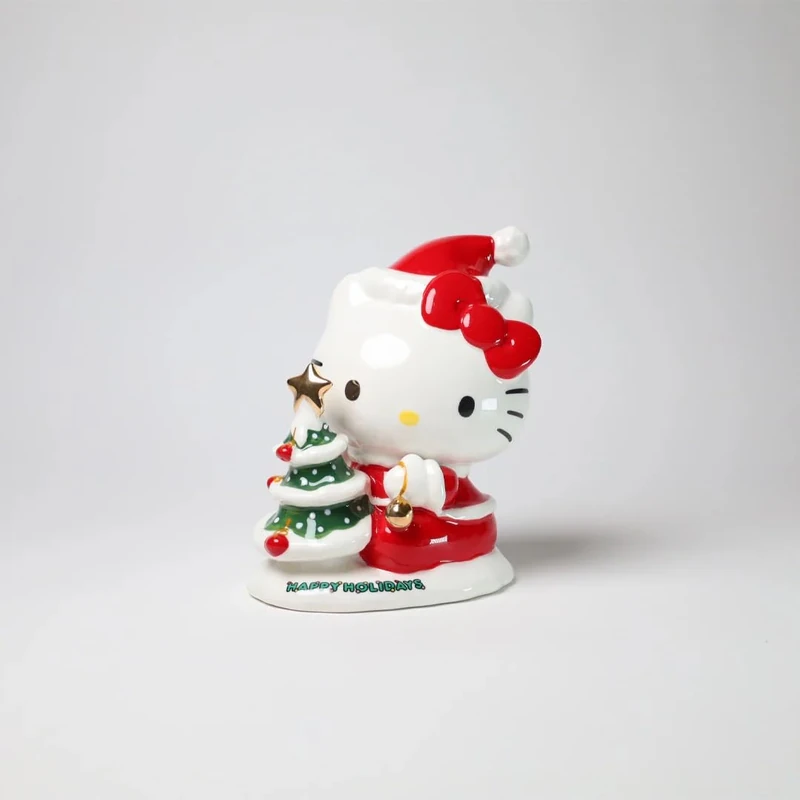 Blue Sky Clayworks Hello Kitty and Snowy Christmas Tree Figurine with Gold Accents, 6.18-inches Height, Holiday Home Decorations, Ceramics, 23205