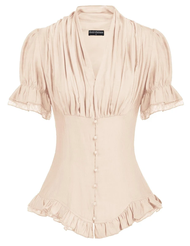 Scarlet Darkness Women 2024 Summer Short Sleeve Shirt Dressy Victorian Blouse Lace Up Top, Flesh Color, L - Image 1