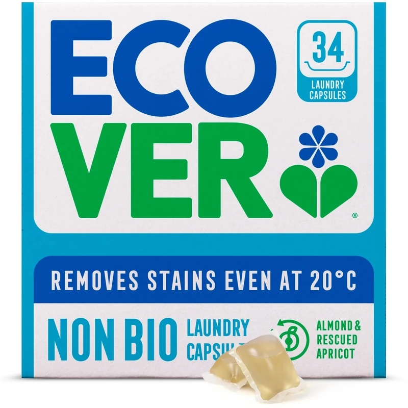 Ecover Non-Bio Washing Capsules - Laundry Capsules / Tablets - Laundry Detergent With Clean And Fresh Almond & Rescued Apricot Scent, 1x Pack of 34 Capsules / Tablets, White