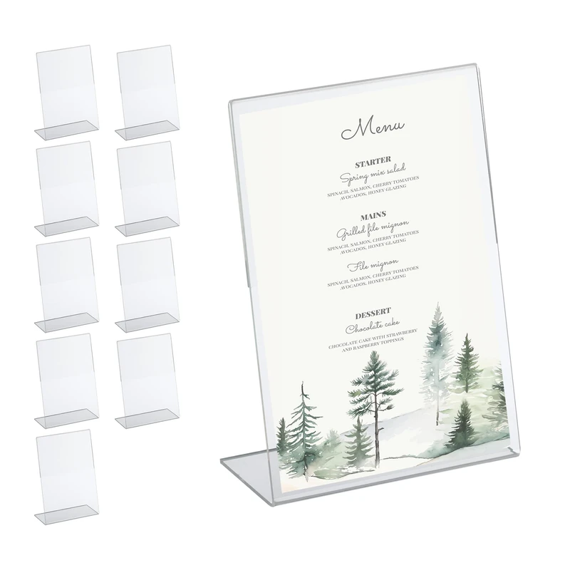 Relaxdays Table, Set of 10, DIN A5, Stand-up Display, for Menu Cards, Advertising, Weddings, Acrylic, Transparent, 22 x 15 x 7 cm
