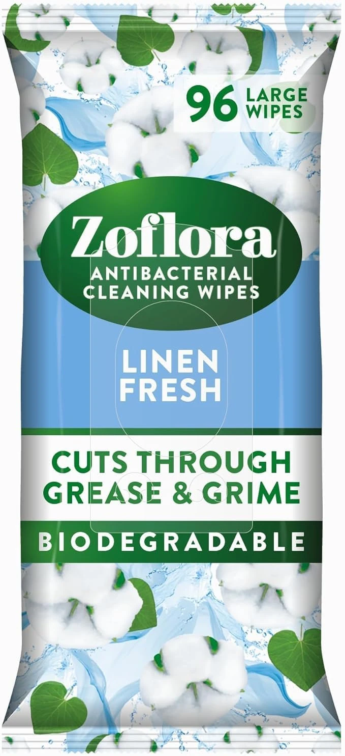 Zoflora Linen Fresh Biodegradable Wipes, Antibacterial Multi-Surface Cleaning Wipes, Kills 99,9% Of Bacteria & Viruses, Convenient, Quick Cleaning, 1 Pack (96 Sheets)