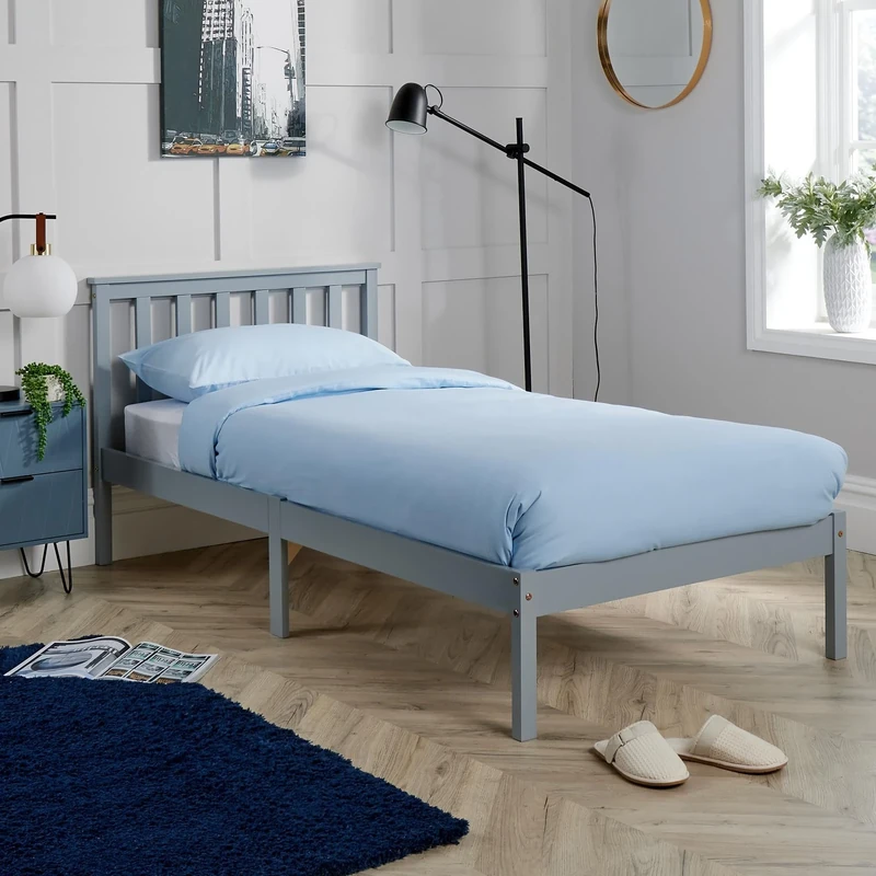 Home Source Florida Solid Wood Low End Bed Frame, Natural Wood, Grey, 3ft Single