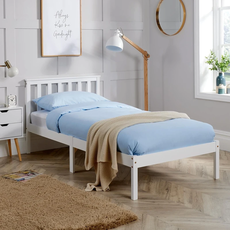 Home Source Florida Solid Wood Low End Bed Frame, Natural Wood, White, 3ft Single