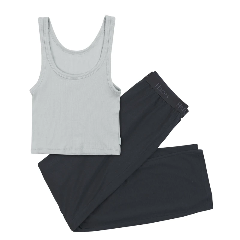Hanes Women's Originals SuperSoft Crop Tank & Lounge Pants Set, Comfywear Loungewear Set, Soft Celadon/Asphalt, XL