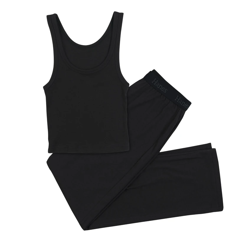 Hanes Women's Originals SuperSoft Comfywear 2 Piece Crop Tank & Lounge Pants Loungewear Set, Black/Black, XXL