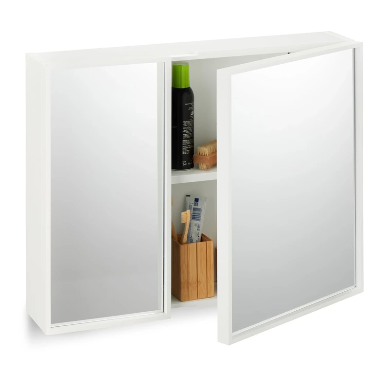 Relaxdays, Double Doors, Mirrored on Both Sides, HWD: 50 x 65 x 15.5 cm, Bathroom Wall Cabinet, White, Fibreboard