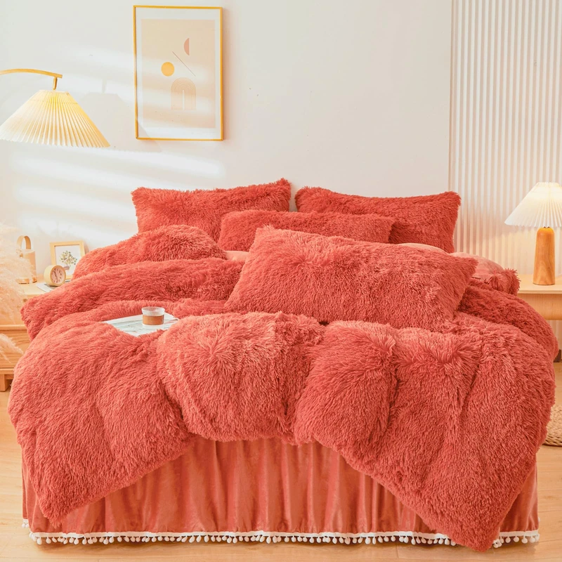 ERLOXO Fluffy Burnt Orange Faux Fur Comforter Cover Queen Set，Fluffy Fuzzy Plush Terracotta Bedding 3Pcs (1 Faux Fur Duvet Cover +2 Fuzzy Pillowcases) Burnt Orange Fluffy Bed Set