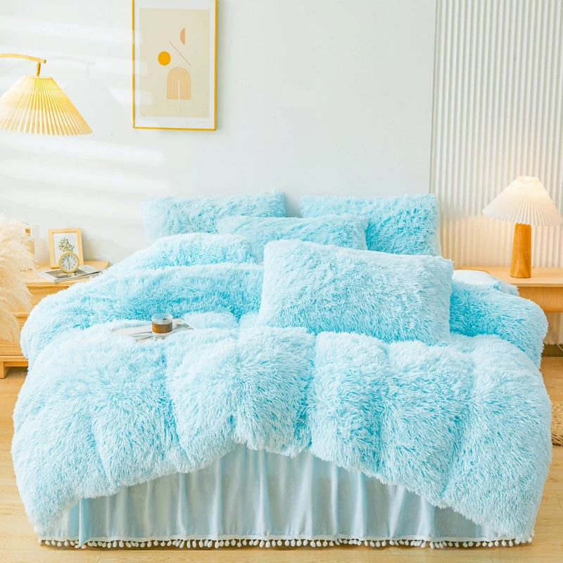 ERLOXO Fluffy Blue Comforter Cover Set King，Fluffy Fuzzy Plush Blue Bedding 3Pcs (1 Faux Fur Duvet Cover +2 Faux Fur Pillowcases) Bed Set King