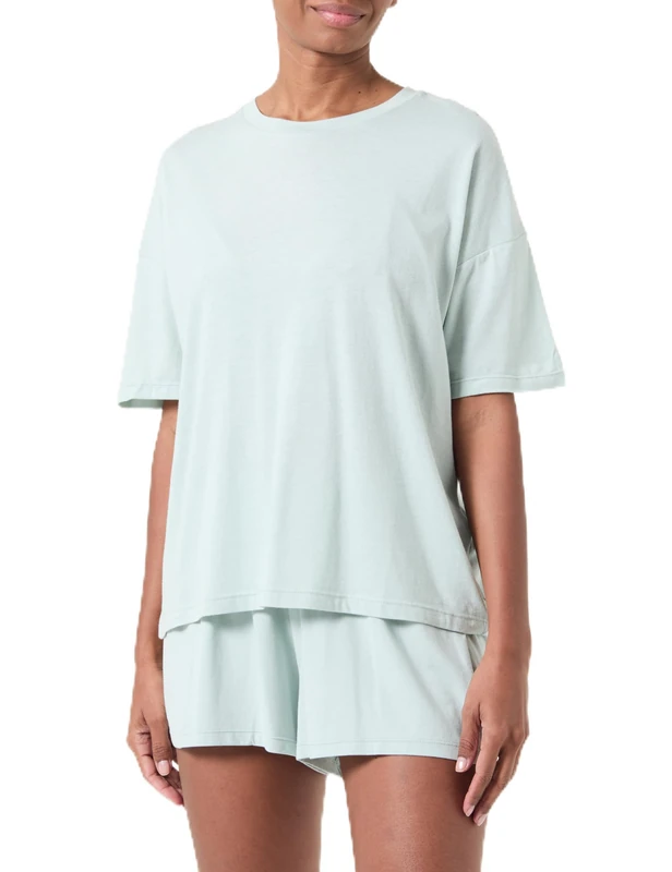 Hanes Women's Originals SuperSoft Comfywear Boxy T-Shirt & Sleep Shorts Set, Soft Celadon/Soft Celadon, XS