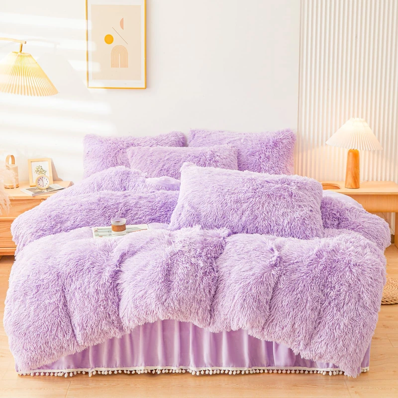 ERLOXO Fluffy Lavender Comforter Cover Set King，Fluffy Fuzzy Plush Lilac Bedding 3Pcs (1 Faux Fur Duvet Cover +2 Faux Fur Pillowcases) Lavender Fluffy Bed Set King