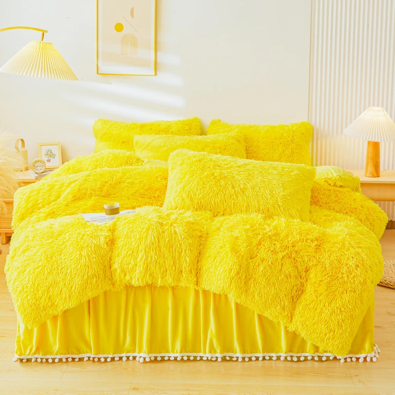 ERLOXO Fluffy Yellow Comforter Cover Set King，Fluffy Fuzzy Plush Yellow Bedding 3Pcs (1 Faux Fur Duvet Cover +2 Faux Fur Pillowcases) Fluffy Bed Set King