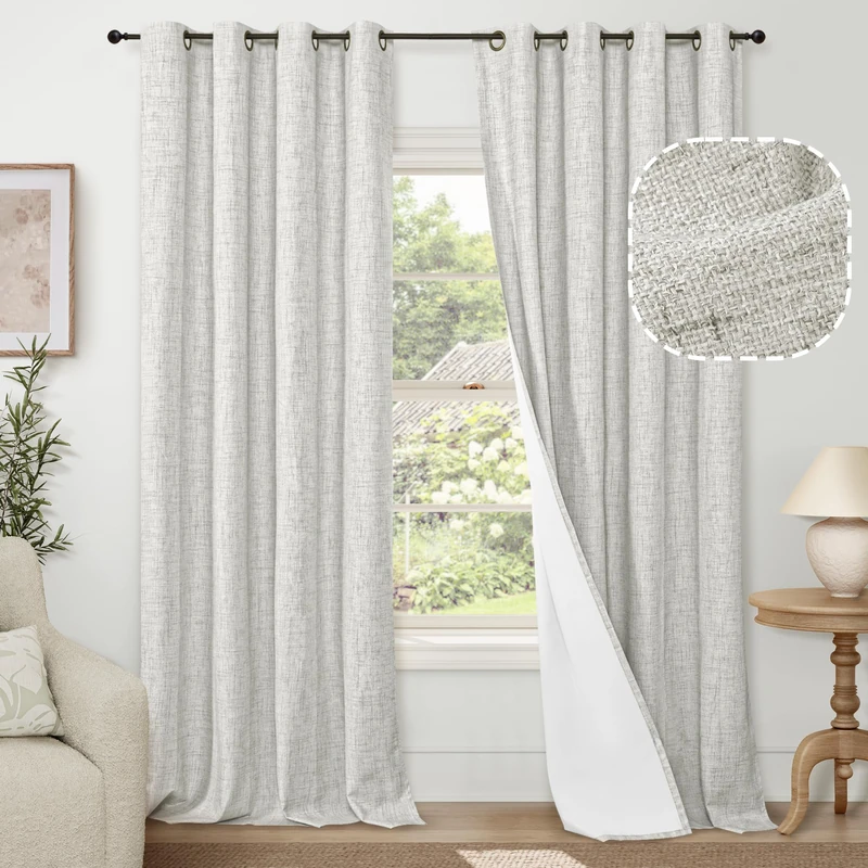 Lajode 100% Blackout Curtains for Living Room 95 Inch Length 2 Panels Set, Thermal Insulated Light Blocking Faux Linen Curtains for Bedroom, Bronze Grommet Window Drape Each 52" Wide, Light Grey
