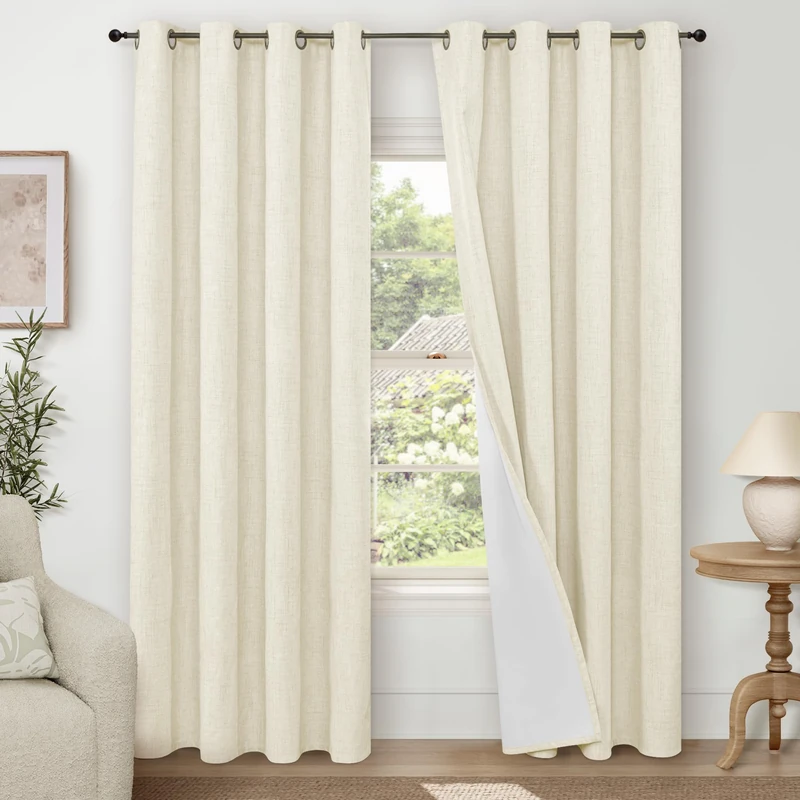 Lajode Cream 100% Blackout Curtains for Living Room 84 Inch Length 2 Panels Set, Thermal Insulated Light Blocking Faux Linen Curtains for Bedroom, Bronze Grommet Boho Window Drape Each 52" Wide