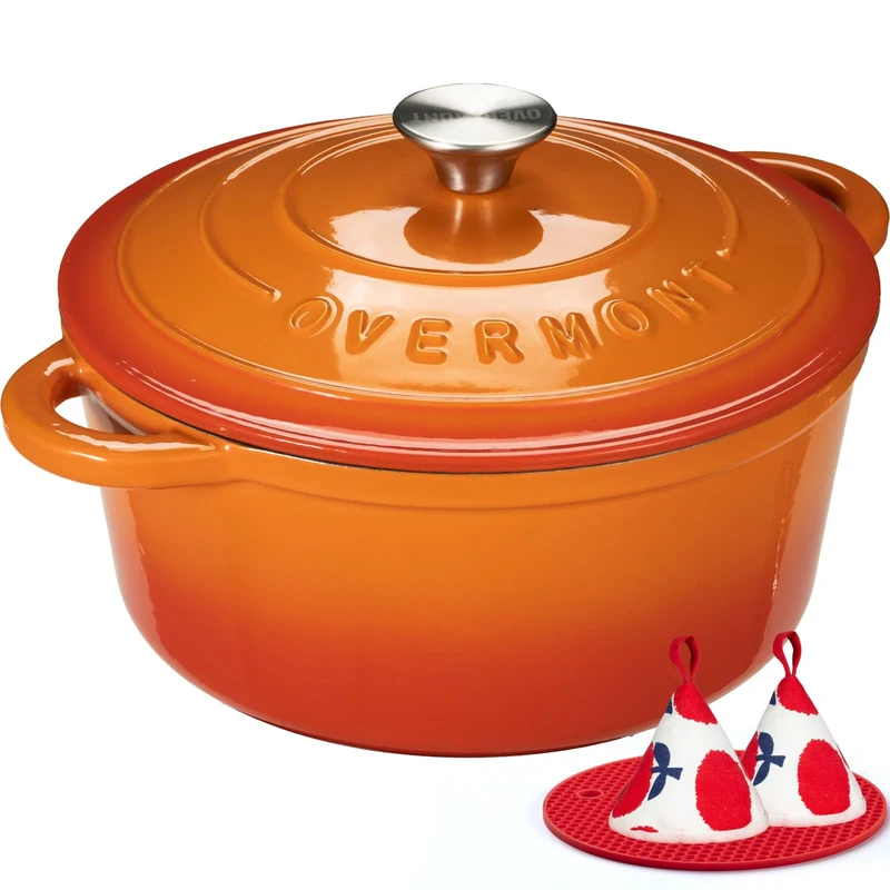 Overmont 28cm/6.6L Enamelled Cast Iron Round Casserole Pot With Lid Cookbook & Cotton Potholders - Non-stick Dutch Oven Cookware for Braising, Stews, Roasting, Bread Baking - Pumpkin, 7QT