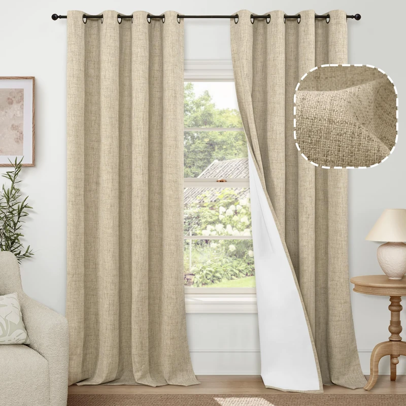 Lajode 100% Blackout Curtains for Living Room 90 Inches Long 2 Panels, Faux Linen Textured Floor Length Thermal Insulated Bronze Grommet Boho Window Energy Save Drapes, Each 52" Wide, Burlap