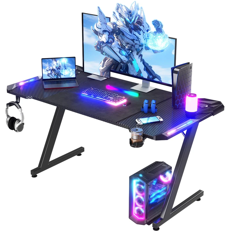 Homall Gaming Desk with LED Lights, 140 x 60cm RGB Gaming Table, Z Shape, Large Computer Desk with Headphone Hook, Gamer Table for Home Office, Black