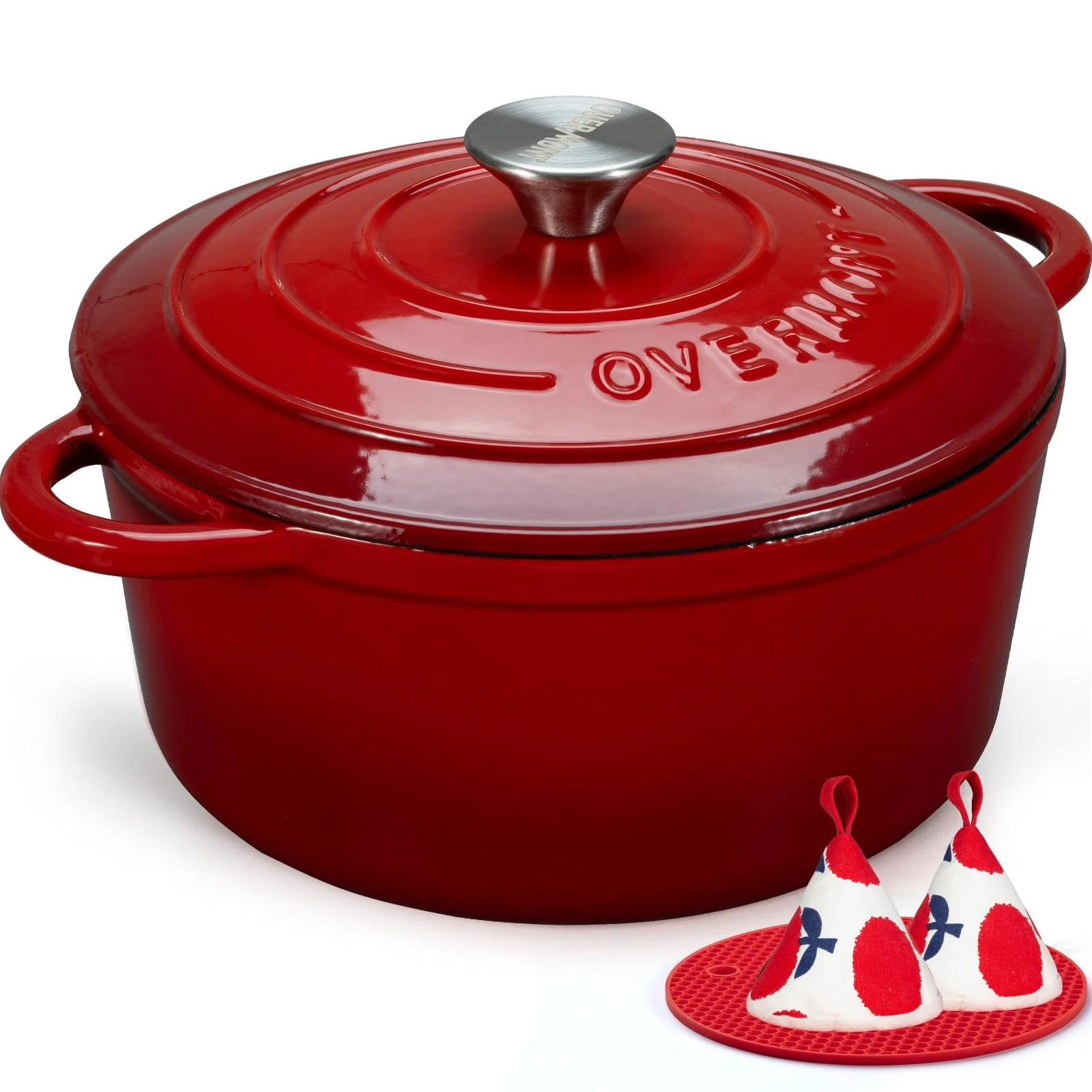 Overmont 28cm/6.6L Enamelled Cast Iron Round Casserole Pot With Lid Cookbook & Cotton Potholders - Non-stick Dutch Oven Cookware for Braising, Stews, Roasting, Bread Baking - Cherry red, 7QT