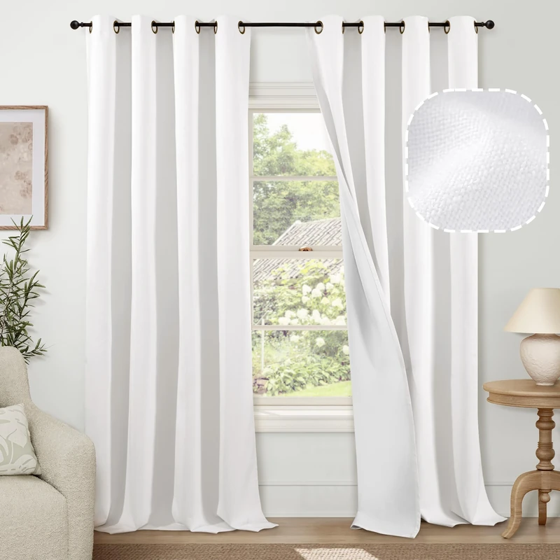 Lajode White Blackout Curtains for Living Room 90 Inch Length 2 Panels Set, Thermal Insulated Black Out Privacy Bronze Grommet Farmhouse Linen Window Curtains for Bedroom Darkening, Each 52”Wide