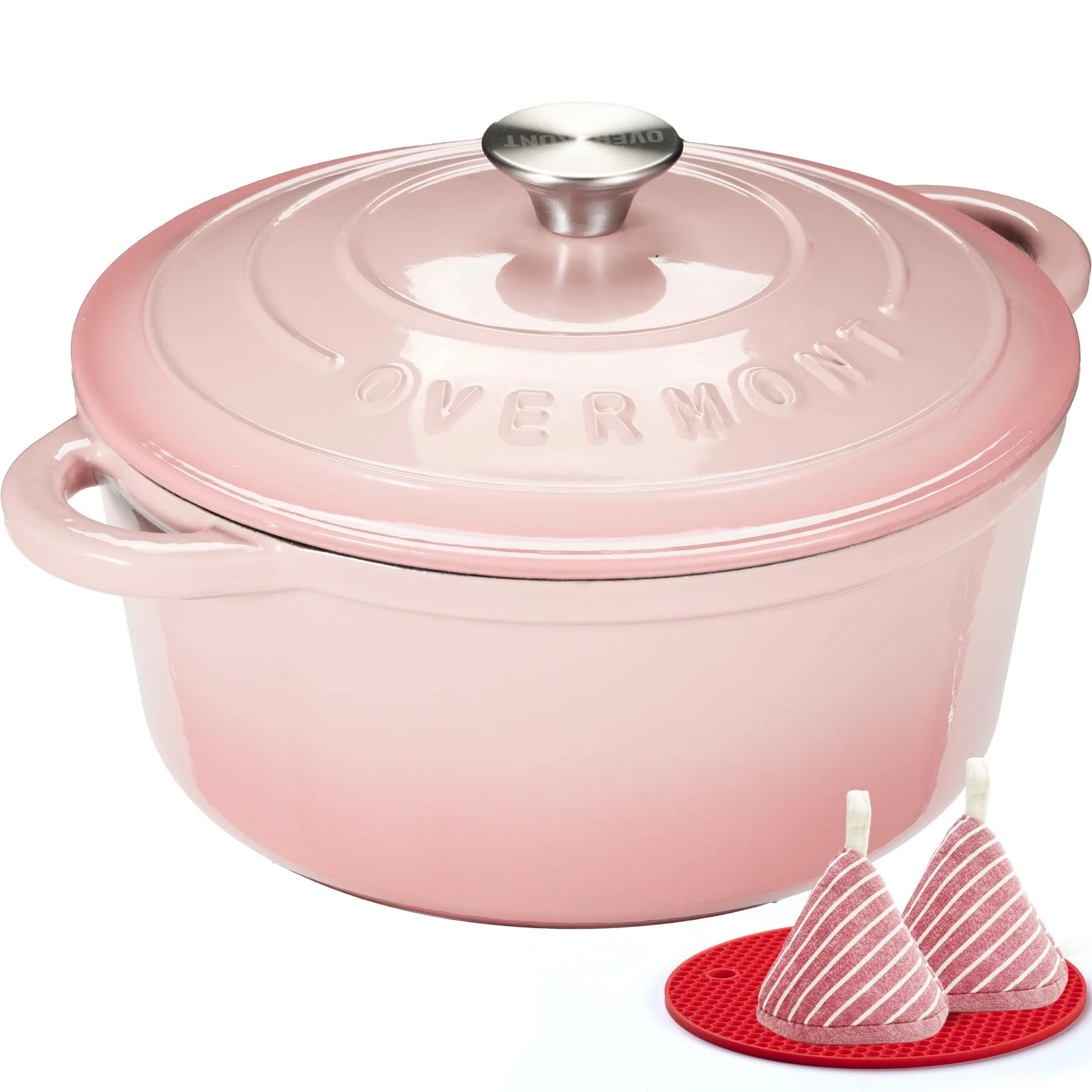 Overmont 24cm/4.2L Enamelled Cast Iron Round Casserole Pot With Lid Cookbook & Cotton Potholders - Non-stick Dutch Oven Cookware for Braising, Stews, Roasting, Bread Baking - Pink, 4.5QT
