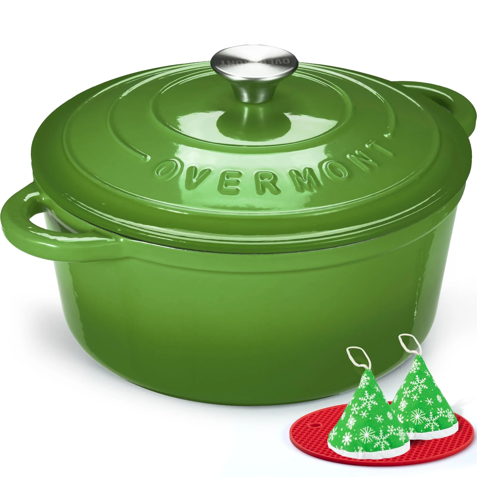 Overmont 28cm/6.6L Enamelled Cast Iron Round Casserole Pot With Lid Cookbook & Cotton Potholders - Non-stick Dutch Oven Cookware for Braising, Stews, Roasting, Bread Baking - Forest green, 7QT