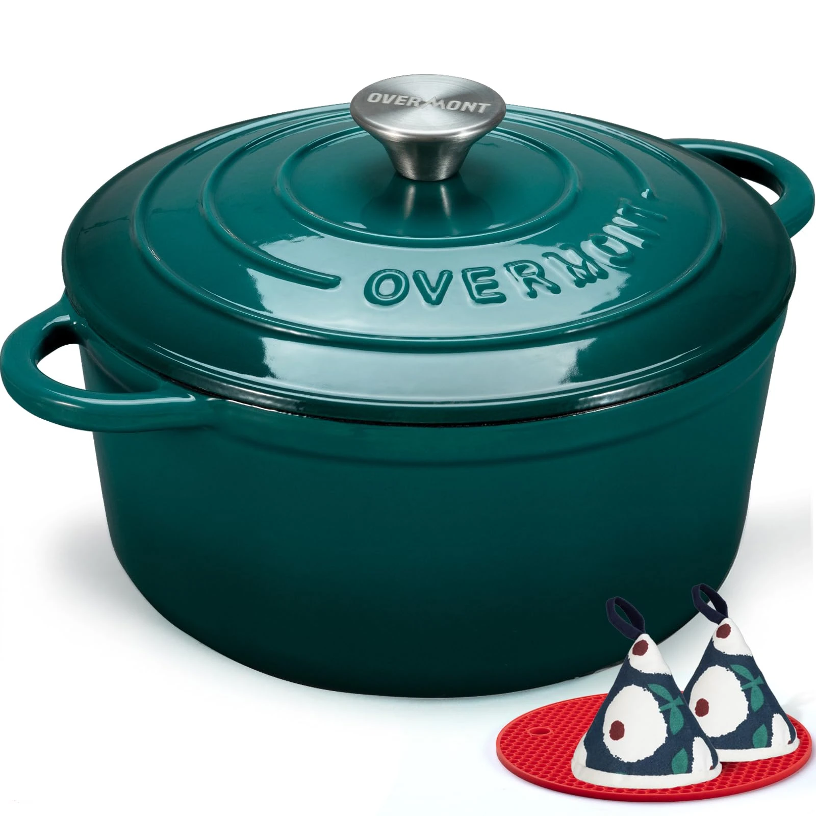 Overmont 28cm/6.6L Enamelled Cast Iron Round Casserole Pot With Lid Cookbook & Cotton Potholders - Non-stick Dutch Oven Cookware for Braising, Stews, Roasting, Bread Baking - Bottle green, 7QT