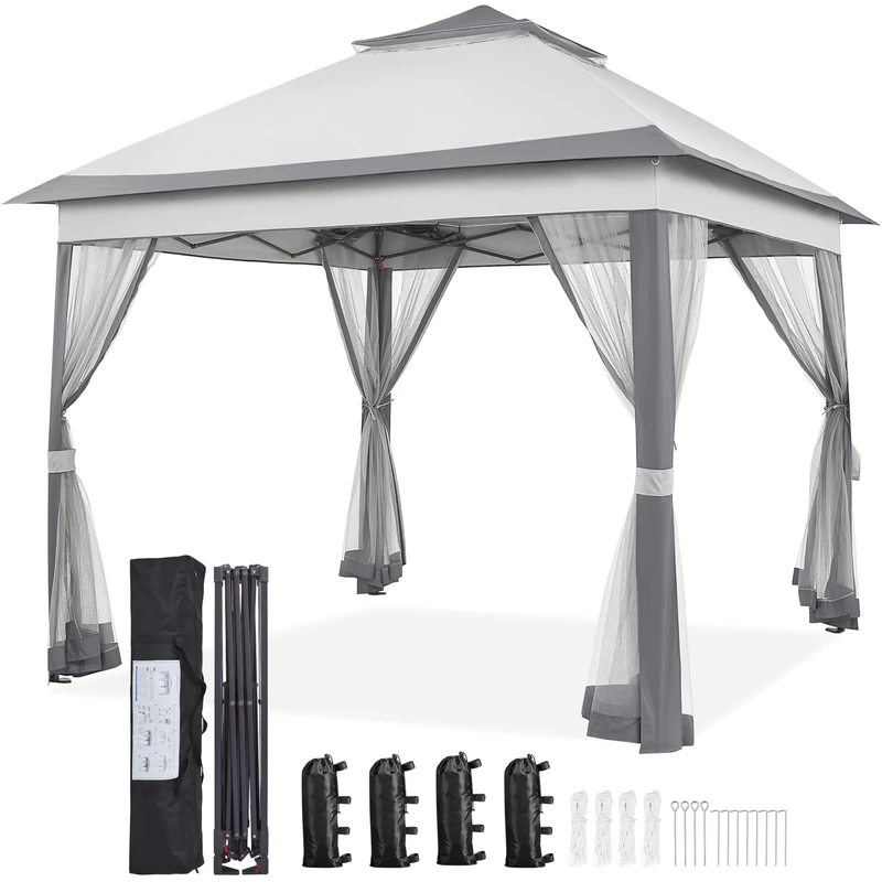 Yaheetech Pop Up Gazebo w/Sides, 3.3x3.3m Outdoor Instant Patio Canopy Shelter w/Mesh Netting, Waterproof Garden Gazebo w/Sandbags for Patio/Backyard/Wedding/Party, Double Top, Light Grey & Dark Grey
