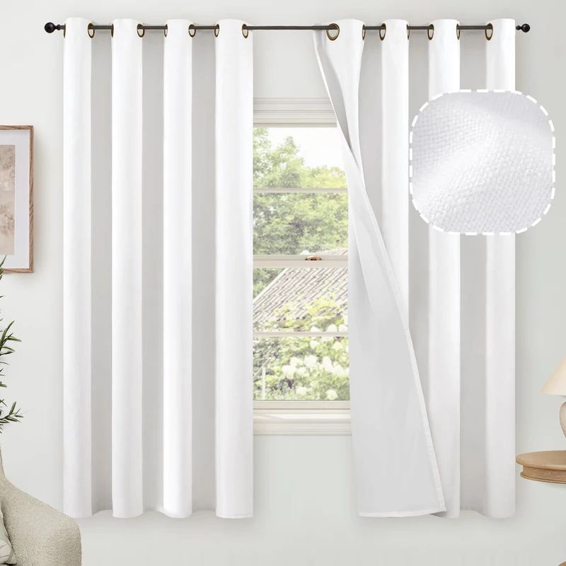 Blackout Curtains for Bedroom 63 Inch Length 2 Panels Set, Thermal Insulated 100% Black Out Privacy Soundproof Grommet Farmhouse Linen Window Curtains for Living Room Darkening, White, Each 52”Wide
