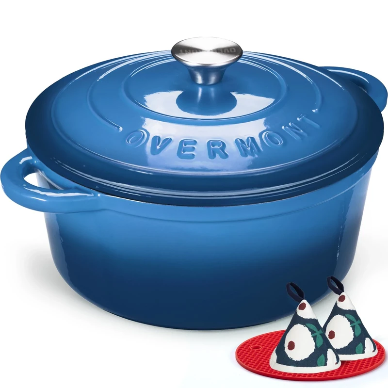 Overmont 28cm/6.6L Enamelled Cast Iron Round Casserole Pot With Lid Cookbook & Cotton Potholders - Non-stick Dutch Oven Cookware for Braising, Stews, Roasting, Bread Baking - Sapphire blue, 7QT