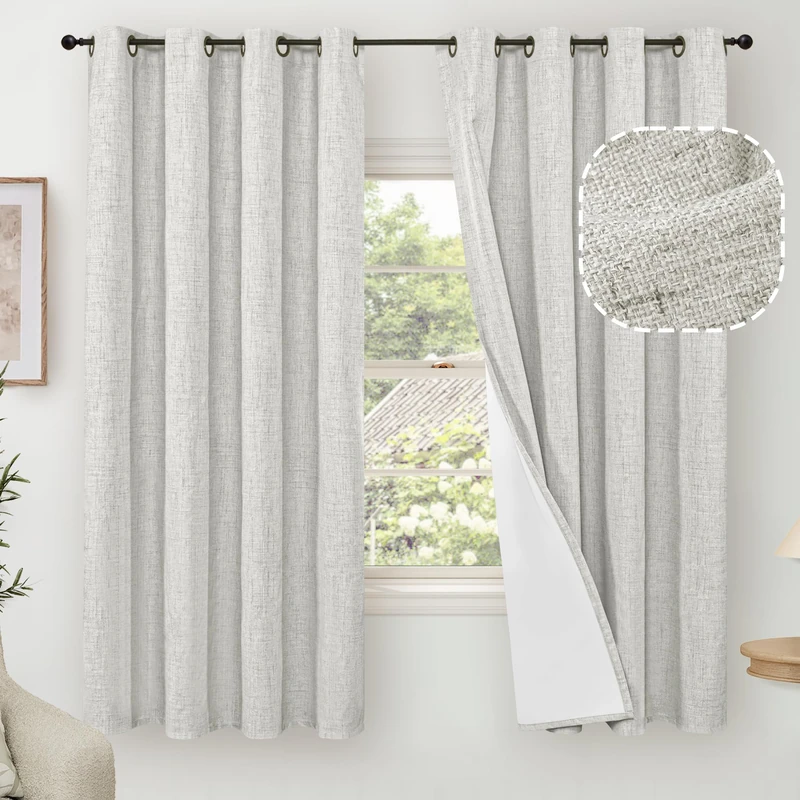Lajode 100% Blackout Curtains for Bedroom 63 Inch Length 2 Panels, Thermal Insulated Complete Light Blocking Noise Reducing Linen Window Curtains for Nursery, Bronze Grommet, Each 52" Wide, Light Grey