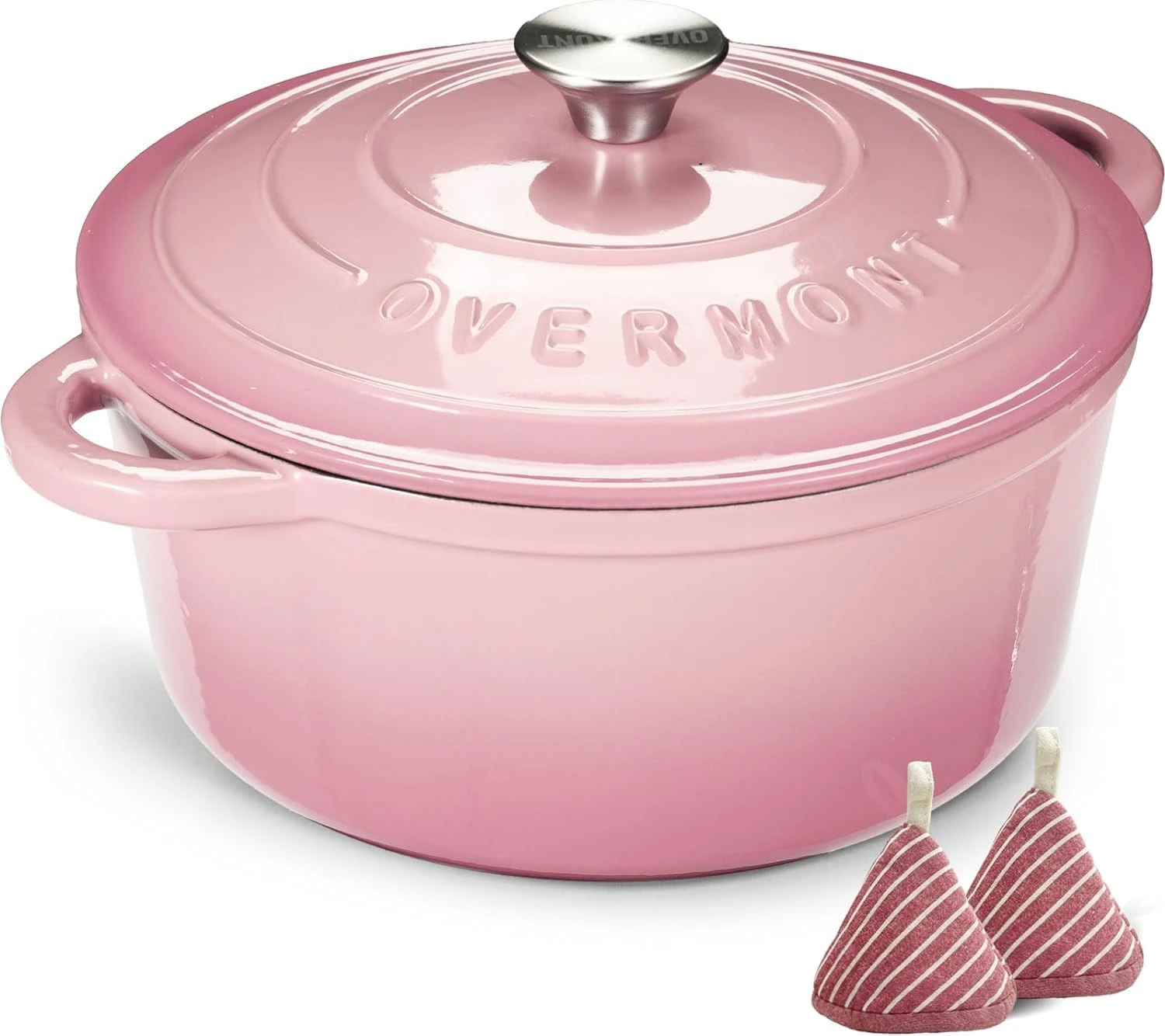 Overmont 26cm/5.2L Enamelled Cast Iron Round Casserole Pot With Lid Cookbook & Cotton Potholders - Non-stick Dutch Oven Cookware for Braising, Stews, Roasting, Bread Baking - Pink, 5.5QT