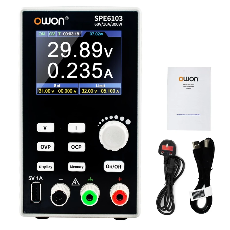 OWON SPE6103 Programmable DC Power Supply (0-60V 0-10A) High Precision 4-Digit Multiple Protection,300w lab Bench DC Power Supply with PC Software and USB Charging