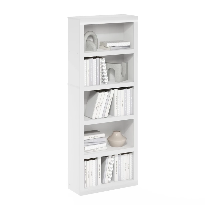 Furinno RAIL Book Shelf, 5-Tier Bookshelf, Bookcase with Open Shelf, 10.1 x 24.6 x 63.5, for Living Room, Bedroom, Home Office, White