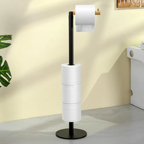 ZUNTO Black Toilet Roll Holder Free Standing, Toilet Roll Holder Stand, Toilet Roll Storage Floor Standing Toilet Paper Holder for Bathroom