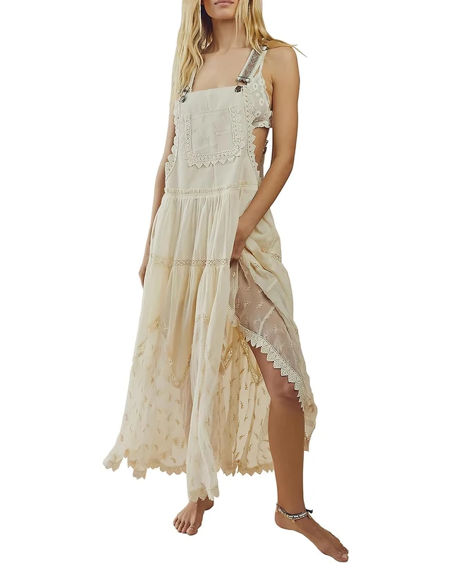 ebossy Women's Laced Embroidered Tulle Bib Dress Casual Loose Adjustable Straps Maxi Dress, Apricot, XL - Image 1