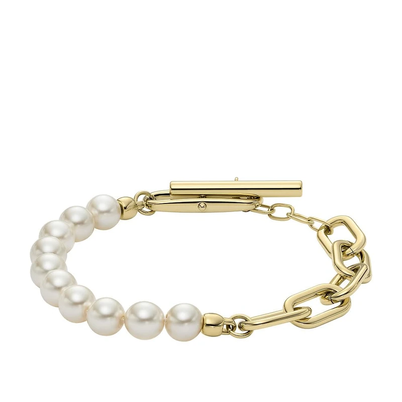 Fossil Women's Heritage Pearl D-Link Gold-Tone Stainless Steel Chain Bracelet, JF04729710