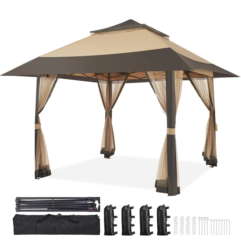 Yaheetech Pop Up Gazebo w/Sides, 4x4m Outdoor Instant Patio Canopy Shelter w/Mesh Netting, Waterproof Garden Gazebo with Sandbags for Patio, Backyard, Wedding, Party, Double Top, Khaki & Brown