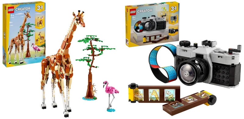 LEGO Creator 3in1 Wild Safari Animals, Giraffe Toy to Gazelle Figures to Lion Model & Creator 3in1 Retro Camera Toy to Video Camera to TV Set, Kids' Desk Decoration or Bedroom Accessories