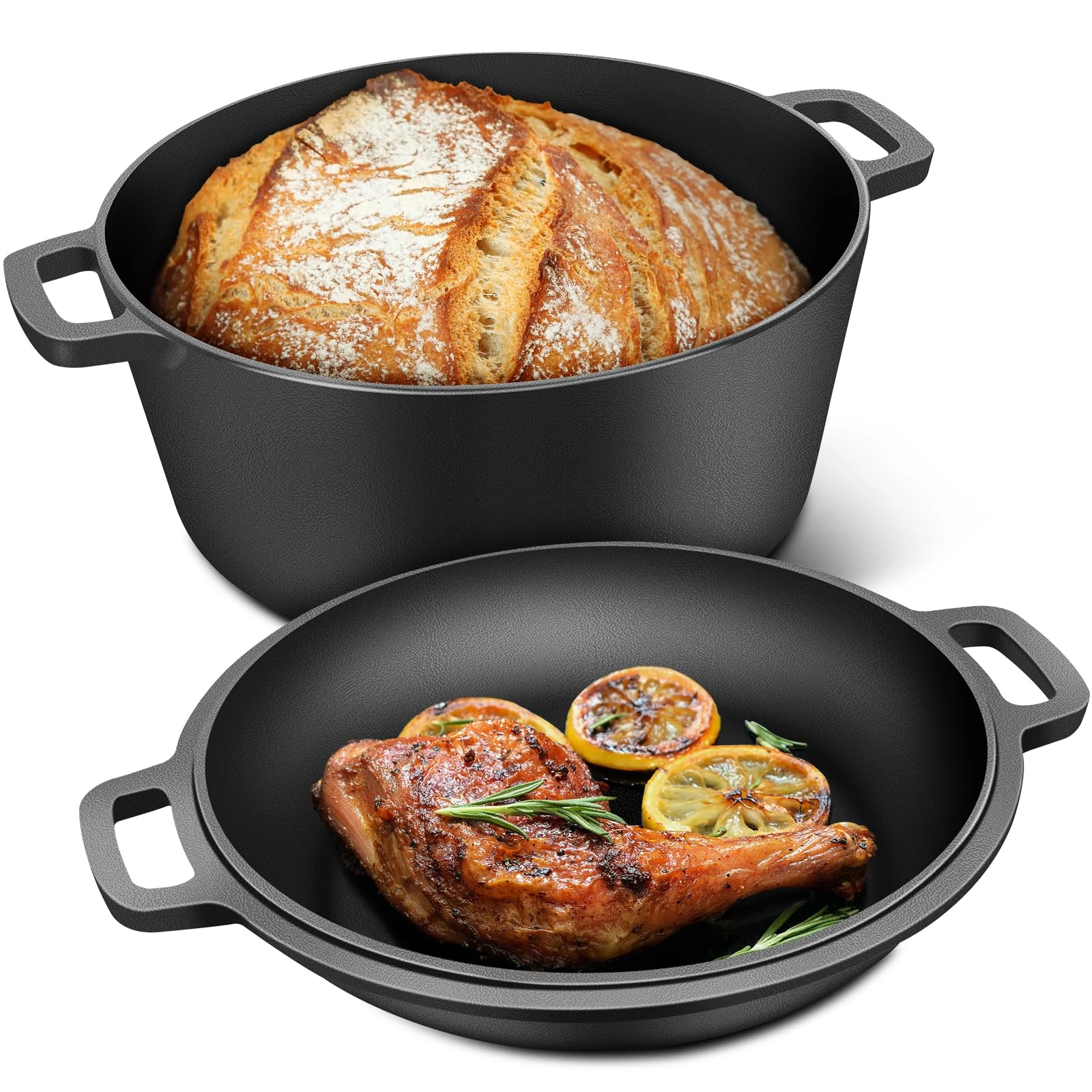 RAINBEAN 2-in-1 Pre-Seasoned Cast Iron Dutch Oven Pot with Skillet Lid, 5.5 QT Dual Handles, Heavy-Duty Non-stick Round Pot for Bread Baking, Stewing, Roasting