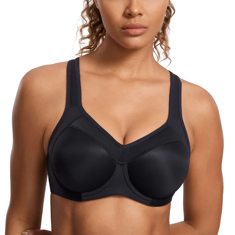 SYROKAN Women's High Impact Sports Bra Underwire Full Support Racerback Padded Running Bra Black 2 36D