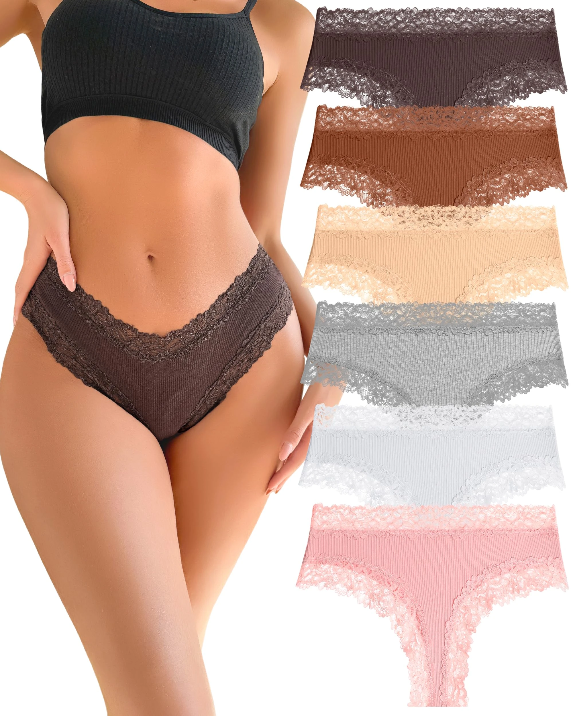 FINETOO Cotton Lace Underwear Women Brazilian Knickers for Women 6 Pack Sexy Knickers Multipack Soft Stretchy Ladies Briefs Comfort Hipster Panties Size S-XL