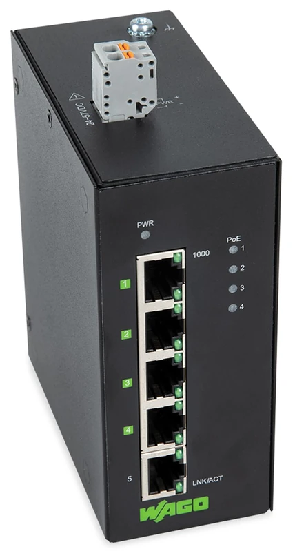 WAGO Industrial ECO Switch 852-1411/000-001, with 5 10/100/1000 Mbit/s ETHERNET Ports Autonegotiation and Front-Panel Diagnostic LEDs, Supports up to 8000 Absolute MAC Addresses