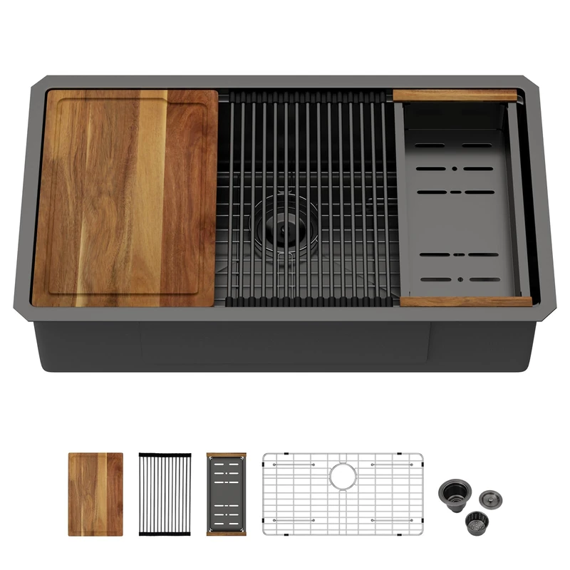 Couoko 33 Inch Black Kitchen Sink Undermount Single Bowl Gunmetal Black Workstation 16 Gauge Stainless Steel 10'' Deep Handmade Sink 33x19 Inch with Cutting Board & Strainer