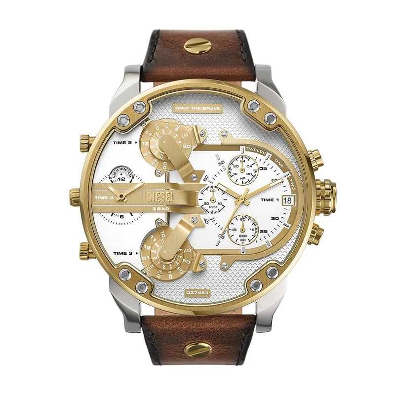 Diesel Mr. Daddy Watch for Men, Multifunctional Movement with Silicone, Stainless Steel or Leather Strap, Brown and Gold Tone, 57MM